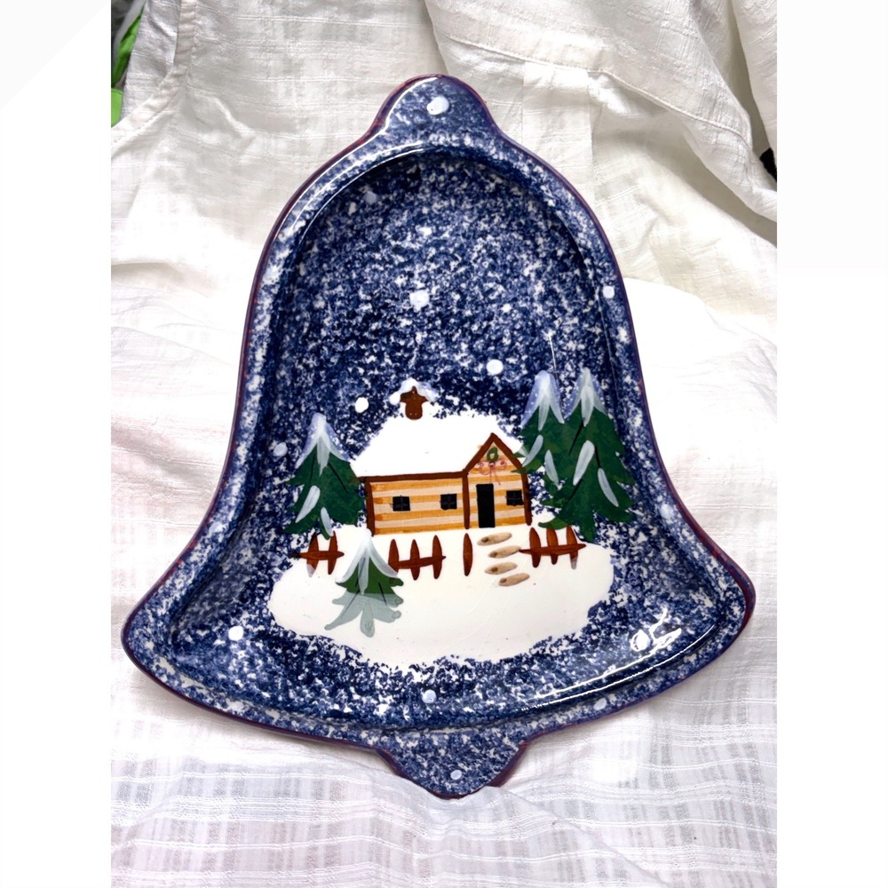 TWC The Cooks Bazaar Christmas Bell Serving Platter Blue Cabin Winter Scene